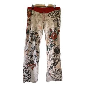 VTG Y2K Lucky Brand Womens Sz M Sweatpants Tattoo Floral Love Peace Wide Leg